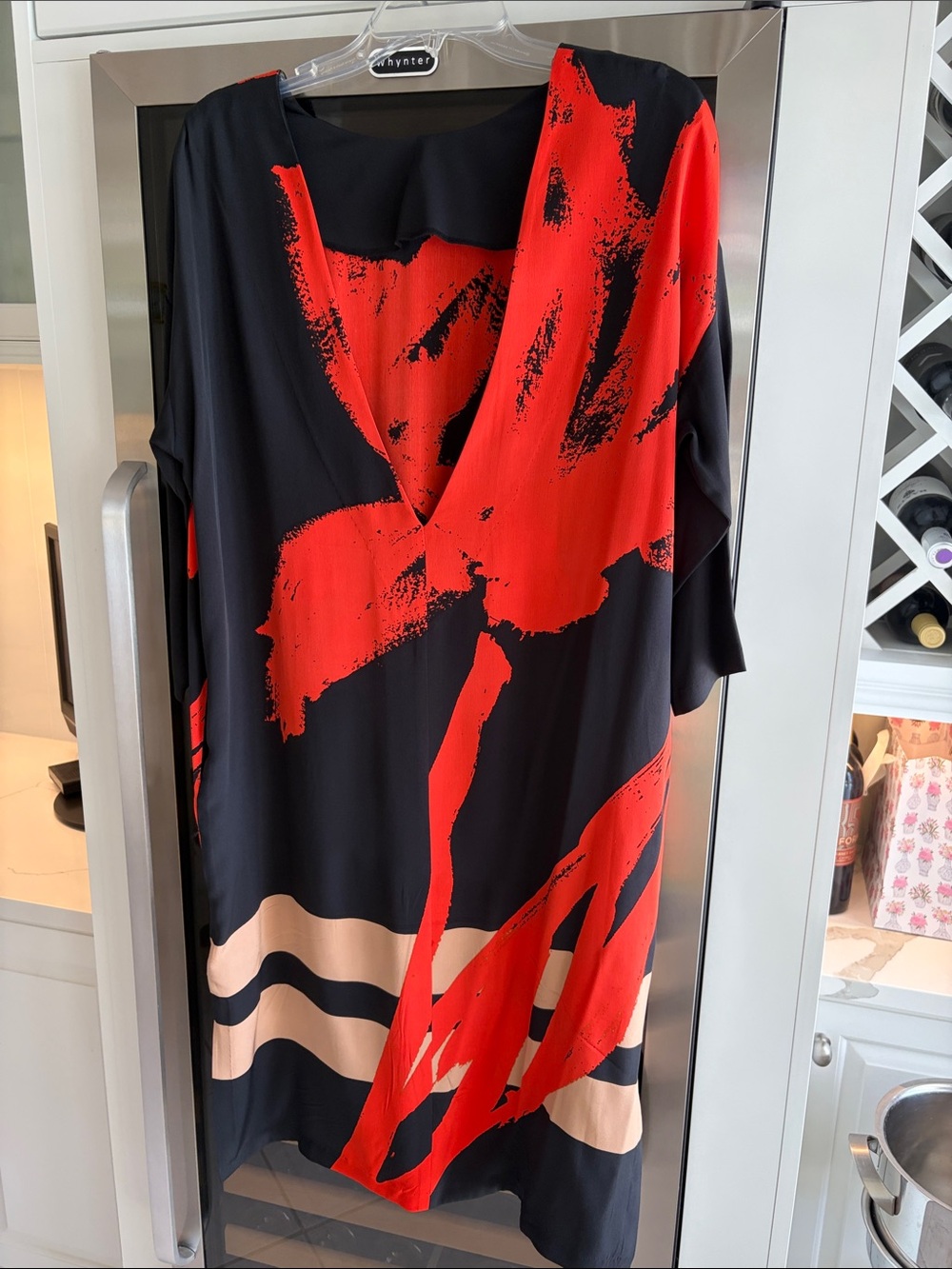 H&M Black Midi Dress with Red Floral Brushstroke and Beige Stripes - Picture 4 of 9